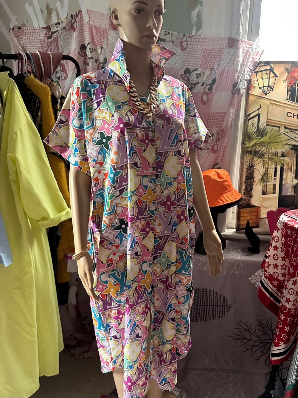 Colorful Floral Print Short-Sleeve Shirt Dress - Pink Multicolor
